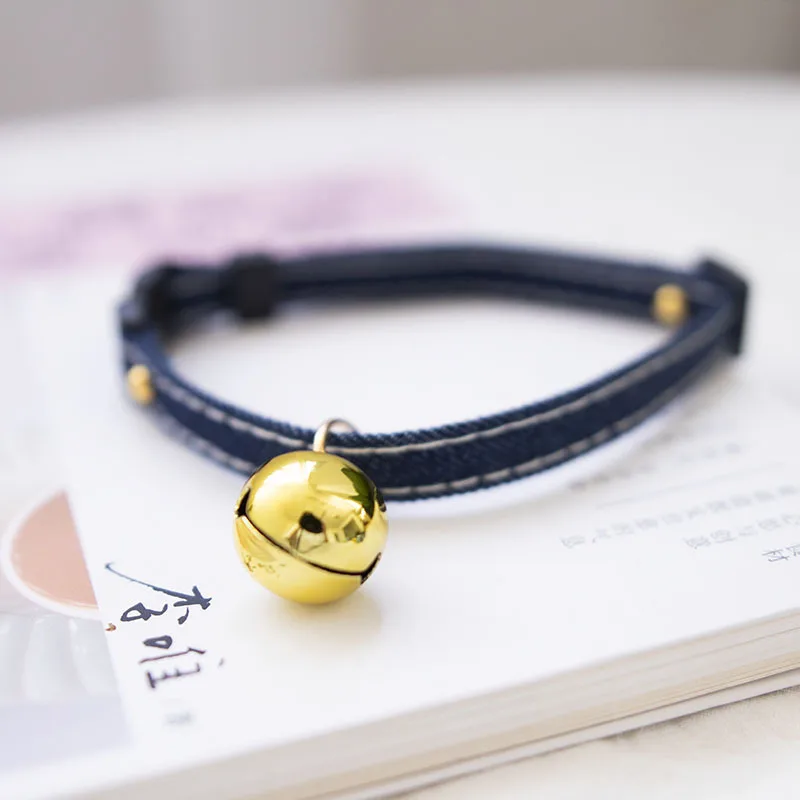 Denim Breakaway Cat Collars with Bell Cat Pendant Kitty Kitten Collars Blue Collar for Female Girl Cats Male Boy Cats Star Print 2