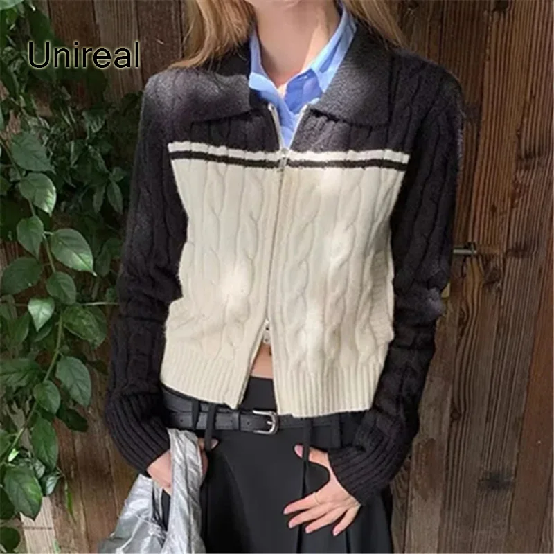 

Unireal 2022 Autumn Winter Women Knitted Cardigan Striped Fashion Zip Up Sweater Cardigan Coats