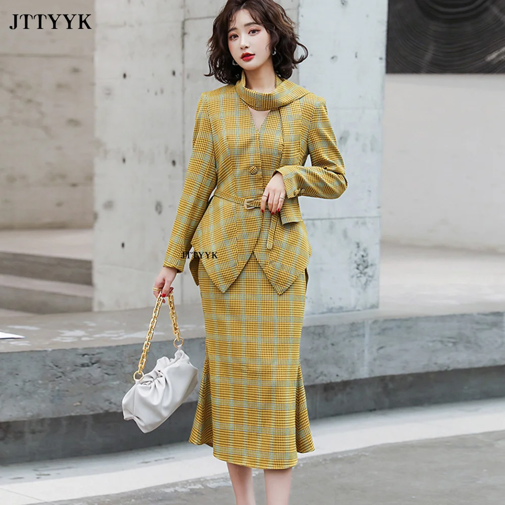 

Spring Autumn Plaid Blazers Sets V Neck Jacket & Pencil Skirt Vintage 2 Pieces Skirt Suits Female Office Ladies Blazer Suit Belt