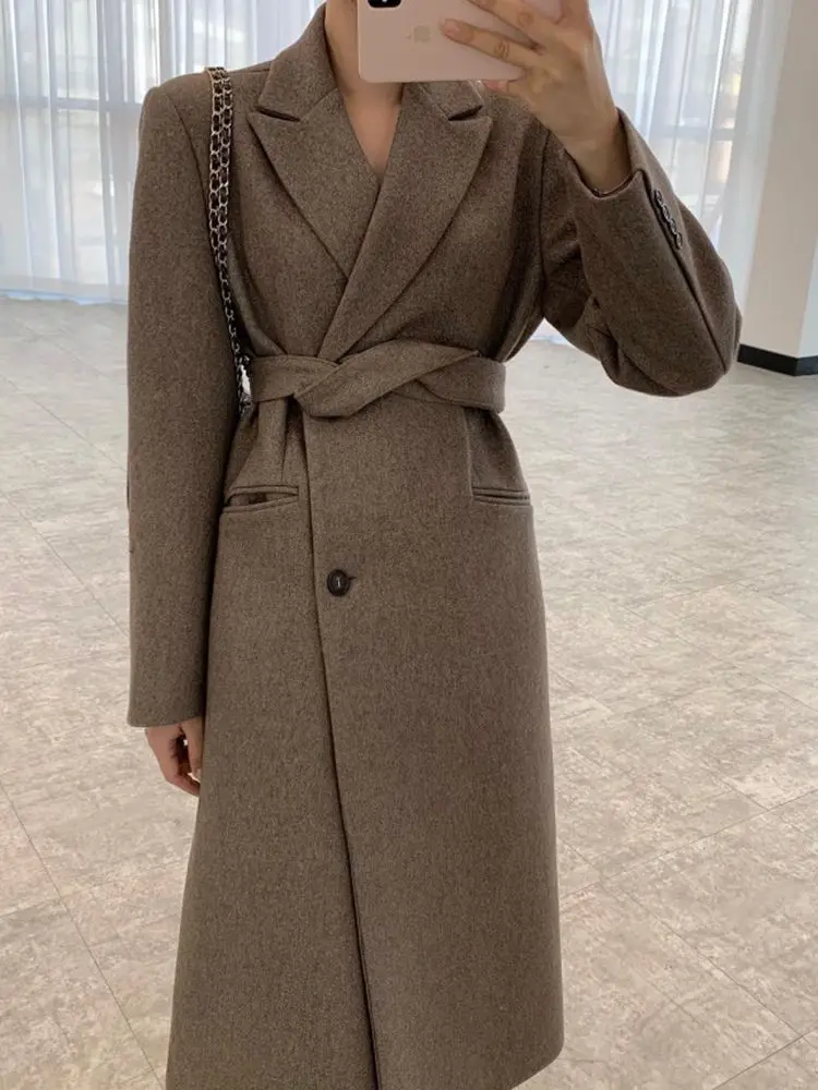 

New Women Elegant Long Woolen Coat With Belt Solid Color Long Sleeve Chic Korea Style Outerwear Ladies Overcoat