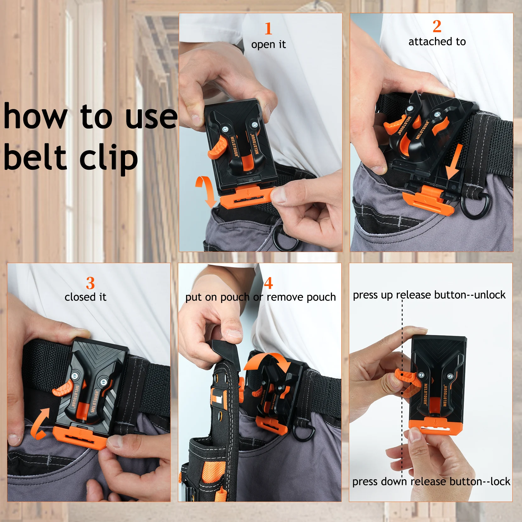 MELOTOUGH Small Tool Pouch with Quick Release Belt Clip,Clip On Tool Belt Pouch with Electrician Tapemeasure Clip 4