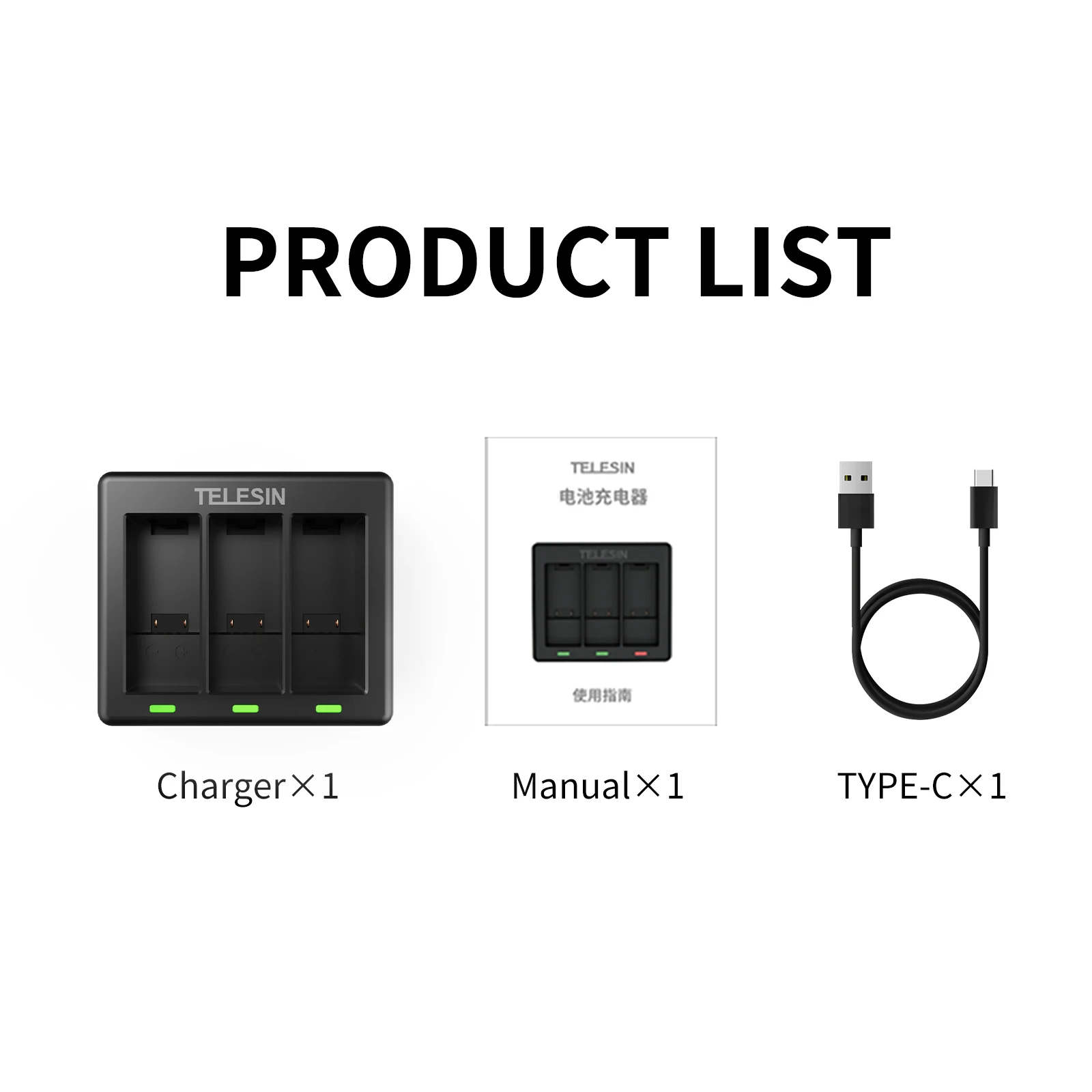 TELESIN 배터리 충전기, 고프로 히어로 액션 카메라 액세서리, 고프로 9, 10, 11, 12 용, LED 조명 충전, 배터리 없음, 3 가지 방법