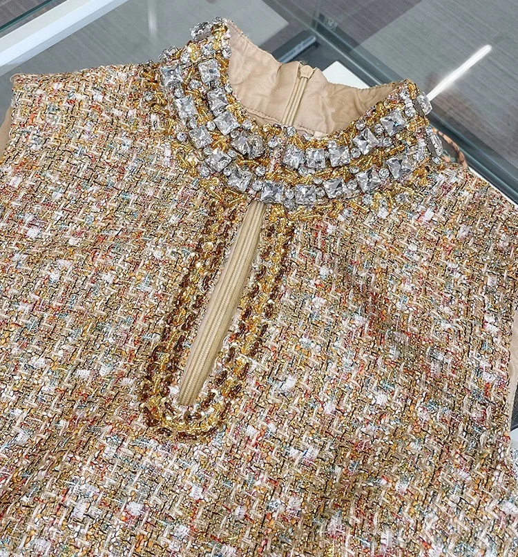 Elegant Tweed Beaded Stand Vest Dress Fashion Gold Hollowed Out Sleeveless Short Dresses Women 2025 New Spring Summer A8299