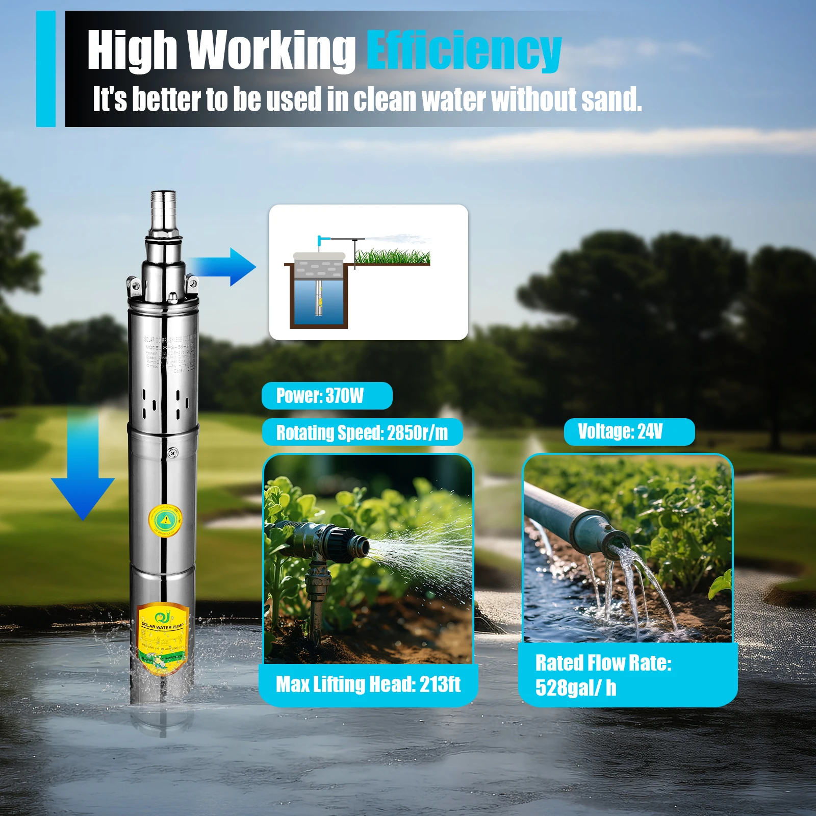 

Submersible Deep Well Pump Solar Water Pump DC 24V 370W Stainless Steel Screw Pump 213ft Lift Agricultural Irrigation Pump