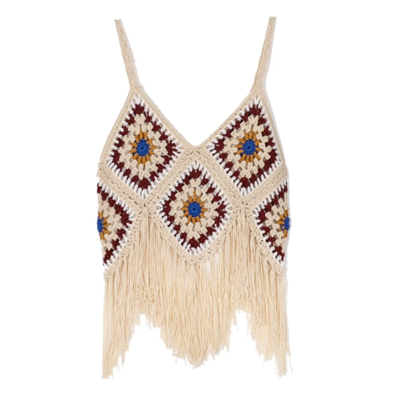 

Women Boho Crochet Sleeveless Crop Top with Fringe Tassels Hem Sexy Deep V-Neck Multicolor Diamond Plaid Knitted Camisole N7YE