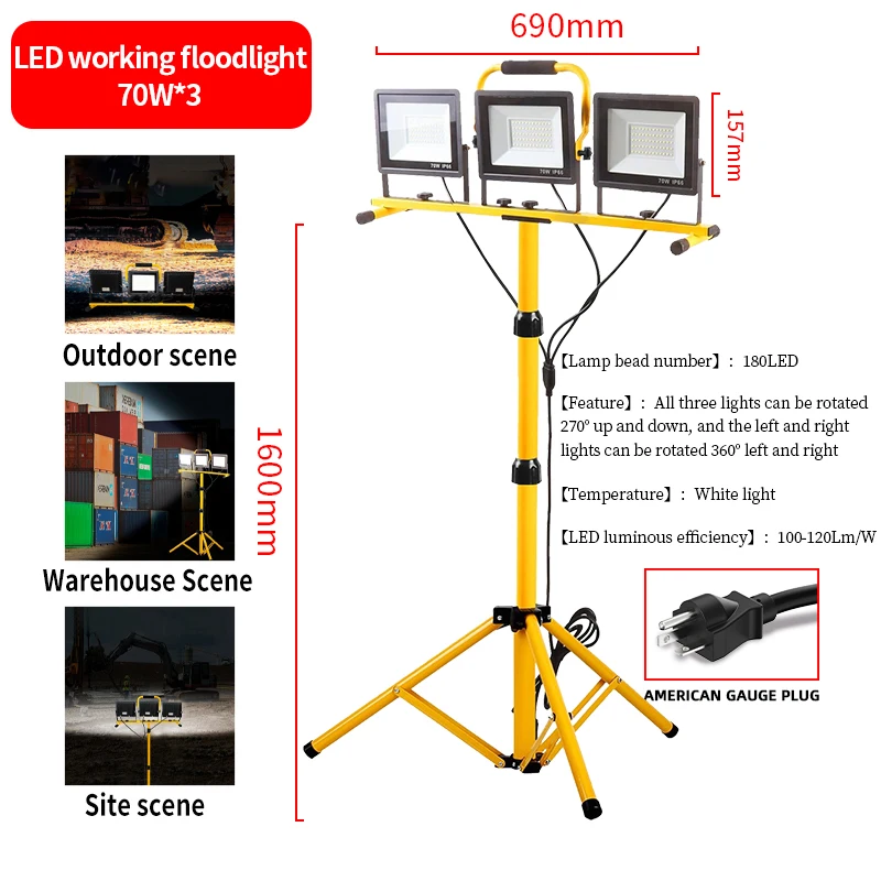 Lampe de travail LED pliable à trois faces avec trépied et