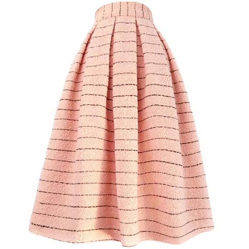 Winter Striped Tweed Woolen Ball Gown Skirts Women Thick Warm High Waist Party Umbrella Small Fragrance Retro