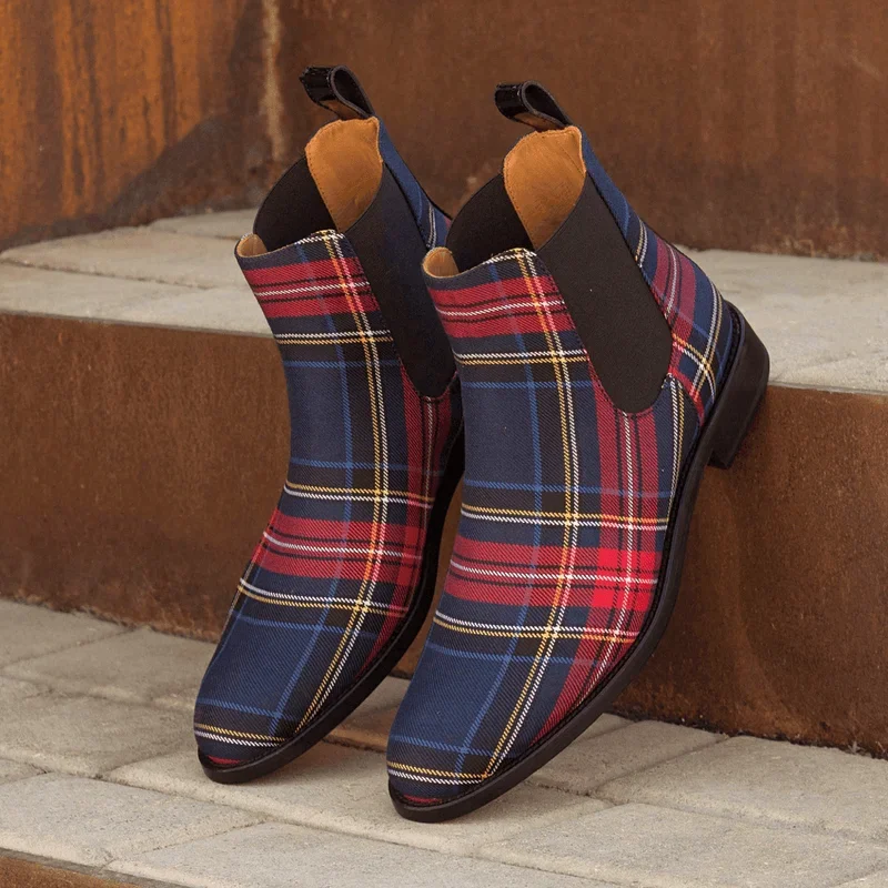 Men Classic Chelsea Boots Personality Color-blocking Plaid Round Toe Low-heeled Slip-on Fashion Casual Street Daily Men Shoes