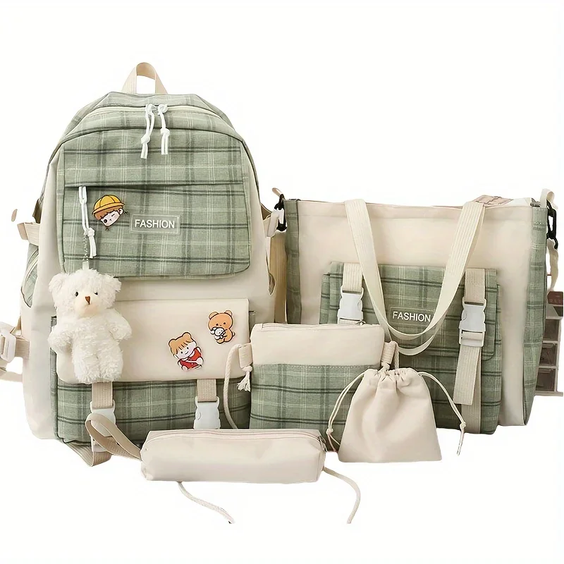Cute Plaid Cartoon Canvas Five-Piece School Bag, Large Capacity Casual Simple Backpack, Women's Travel Bag Cosmetic Bag, for Girls And Women, Adaptable Stationery Bag, Women's Wallet, Women's Crossbody Bag, Women's Hand Bag (No Bear Pendant) 3