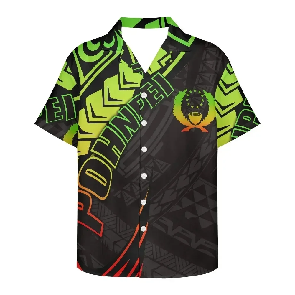 2024 Summer New Men's Short Sleeve Shirt V Neck Shirt Pohnpei Logo Printed Shirt Large Size Comfortable Men's Shirt