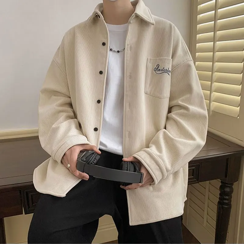Vintage Corduroy Loose Men's Casual Polo Shirt - Autumn Winter Fashion with Letter Embroidery