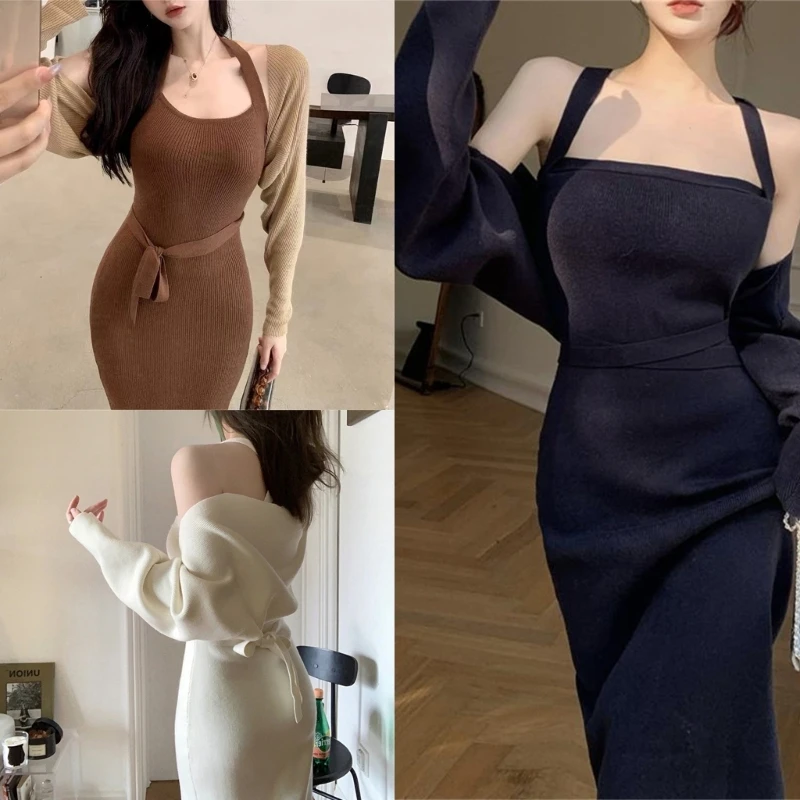 

Long Sleeve Open Front Shrug Bodycon Maxi Dress 2 Piece Outfits Sweater Set