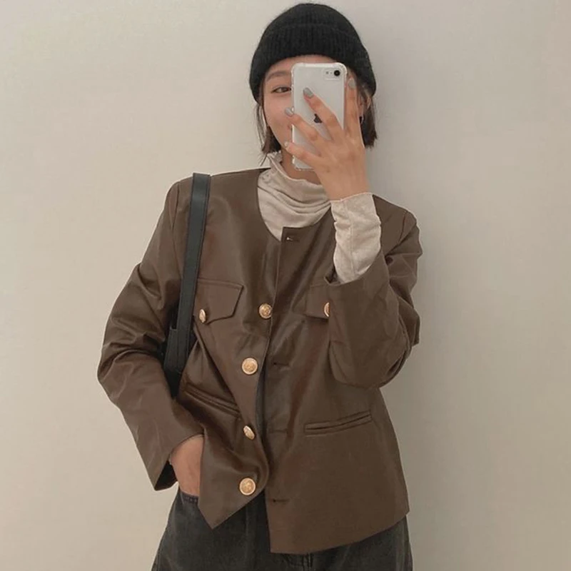 Винтажное однобортное пальто из искусственной кожи с круглым вырезом и металлом