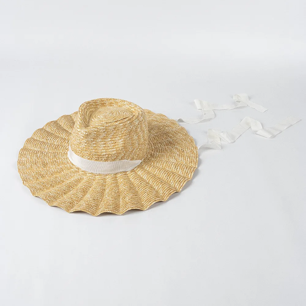 USPOP New Spring Summer Sun Hats Fashion Casual Scalloped Brim Straw Jazz Hat With Straps For Outdoor Beach Sun Protection_voghion.com