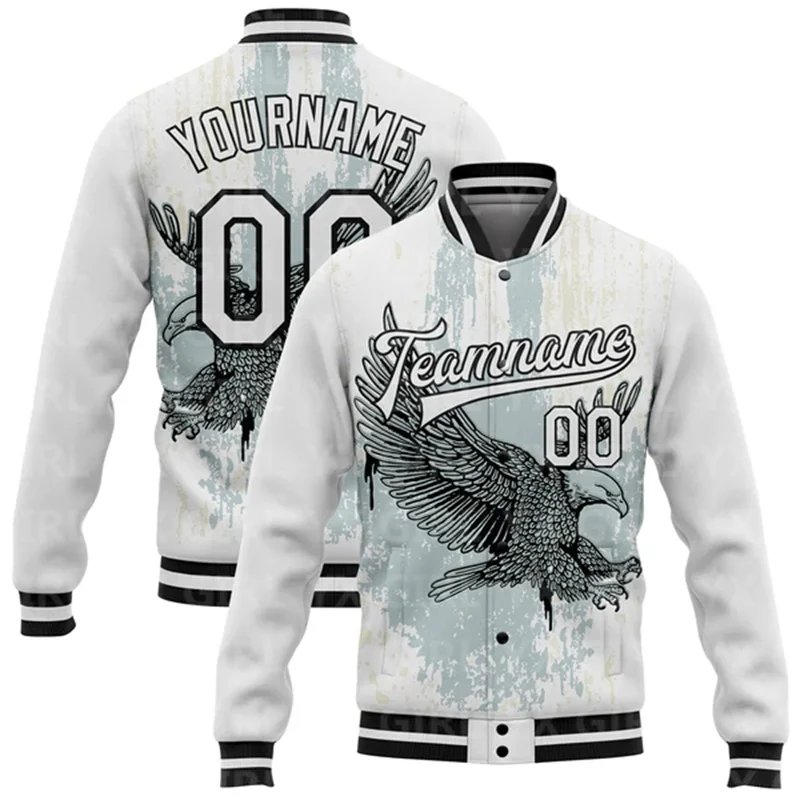 Custom White Black-Gold Crane And Wave 3D Pattern Design Bomber Full-Snap Varsity Letterman Jacket Baseball Button Jacket