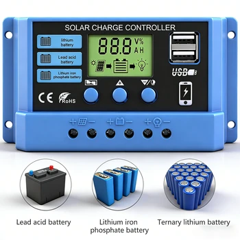 Regolatore di carica solare 12V/24V 30A 20A 10A, Caricabatterie solare PWM con display LCD, Doppia uscita USB 5V, Impostazione timer