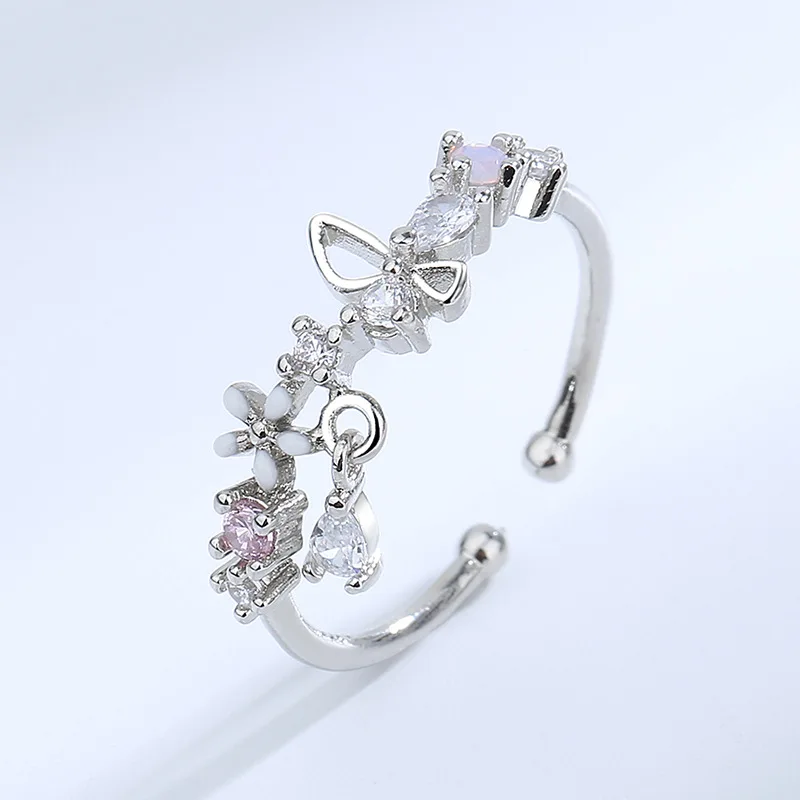 Sweet CZ Crystal Zircon Flowers BowKnot Ring for Women Korean Style Creative Design Open Rings Princess Jewelry Gift