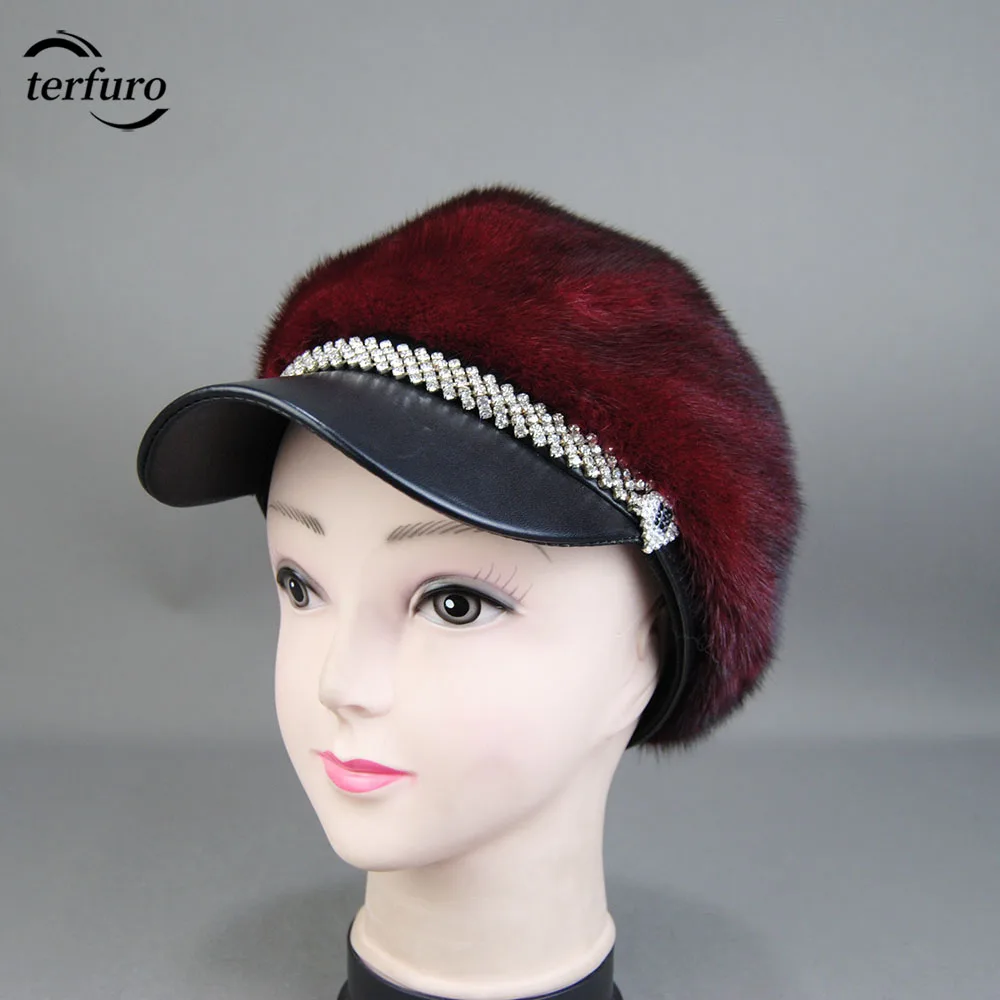 Winter Baseball Hat Women Full Pelt Real Mink Fur Hats Lady Luxury Warm Natural Mink Fur Visors Caps Female Fashion Hat