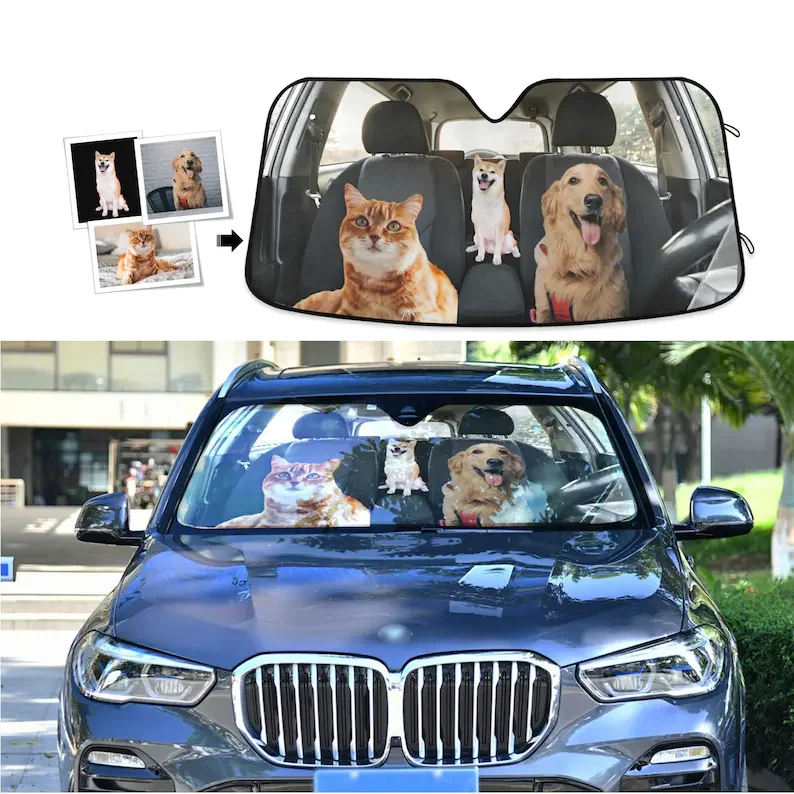 

Custom Car Auto Sun Shade Windshield Car Accessories, Auto Protector Window Visor Screen Decor, Pretend Pets on the Car Seat
