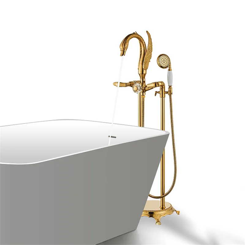 

Tuqiu Gold Bathtub Faucet Floor Stand Swan Bathtub Mixer 360 Degree Rotation Spout with Handshower Head Bath Mixer Shower