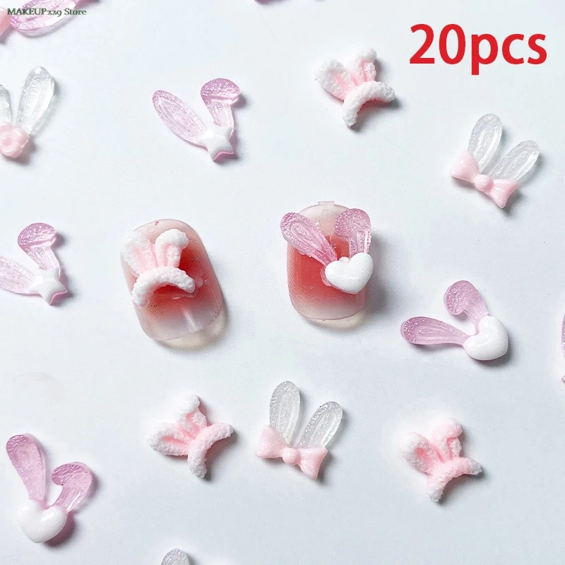 20 Pz/Borsa 3D Luminoso Cartone Animato Orecchie Di Coniglio Nail Art Ornamenti Glow In The Dark Bow Heart Fashion Cute Charm Nails Art Accessori