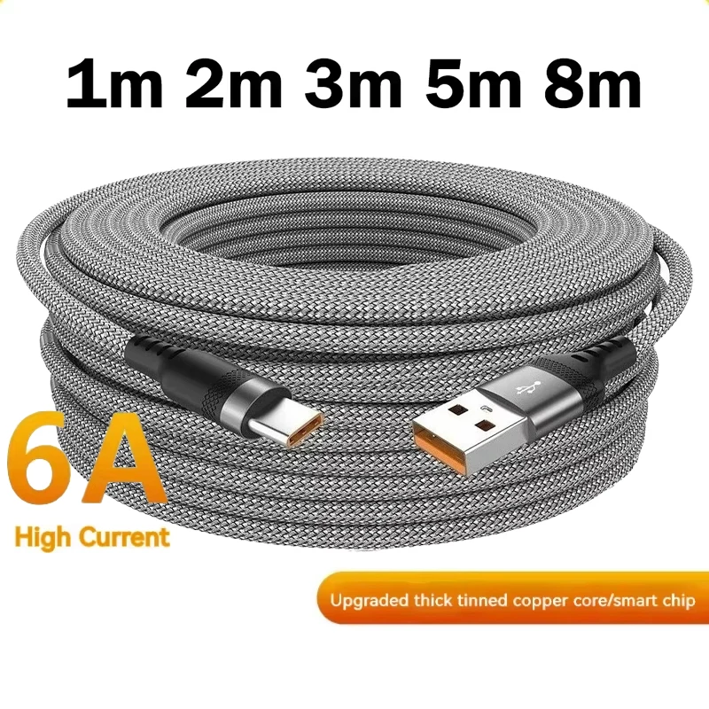สายชาร์จ USB-A to Type-C ชาร์จเร็ว ยาว 6A สายไนลอน 1/3/5/8 เมตร