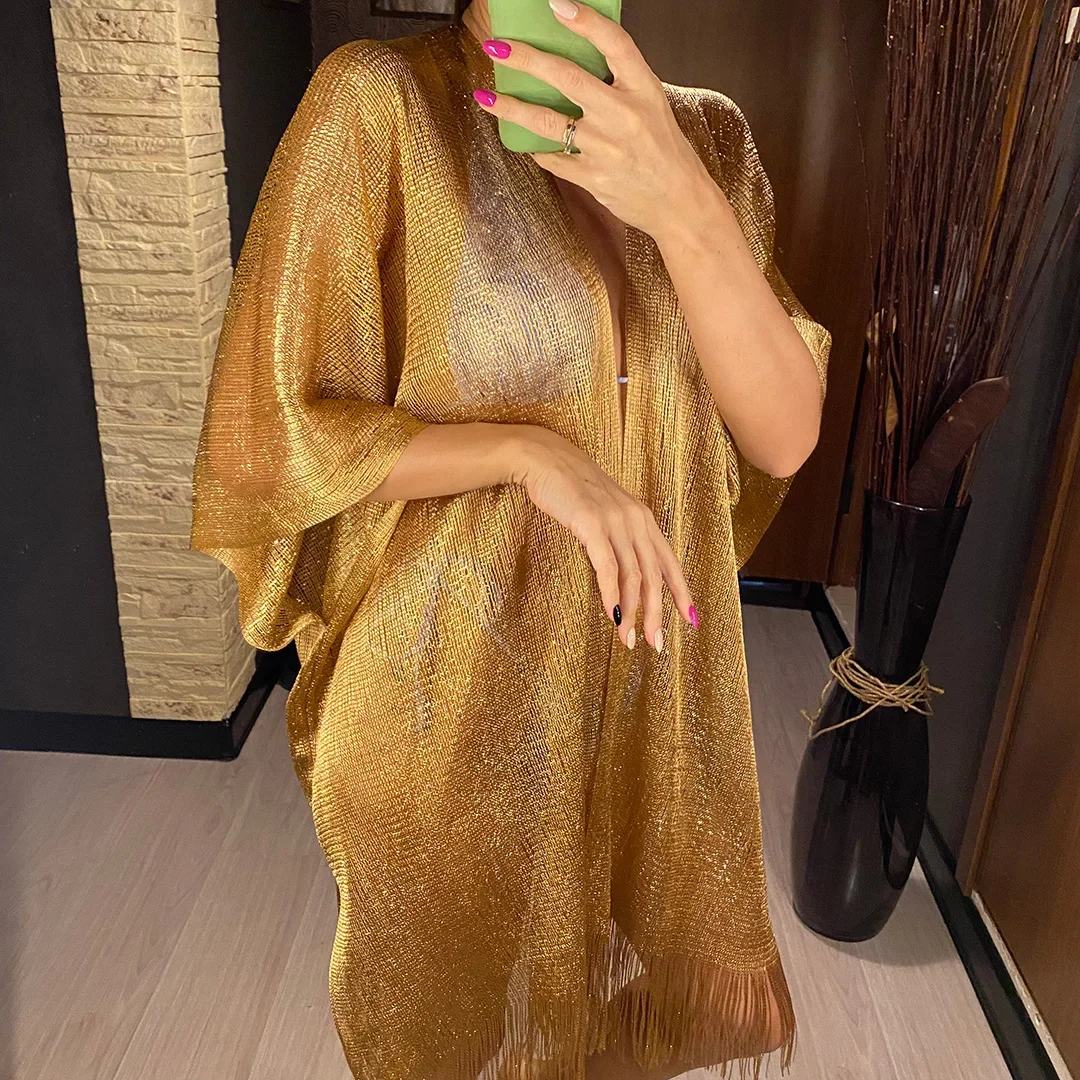 Sexy Fringe Tassel Mesh Sheer Shiny Knitted Tunic Beach Cover Up Cover-ups Beach Dress Beach Wear Beachwear Female Women