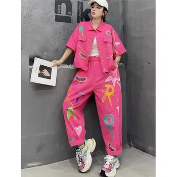 European-style Personalized Hand-painted Denim Suit Women Short-sleeve Coat + Loose Long Pants Two-piece Set XY159 1