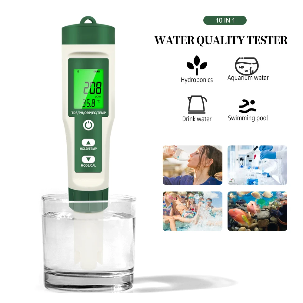 10 in 1 LCD Digital Water Quality Meter High Accuracy TDS EC Temperature Tester 0-14 Range PH Meter for Pool Hydroponics sound measure