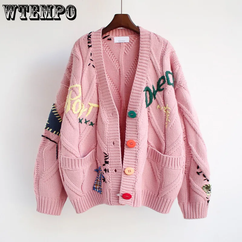 

Women Cardigans Warm Knitted Sweater Jacket Pocket Embroidery Fashion Knit Cardigan Coat Lady Loose Sweaters Tops Autumn Winter