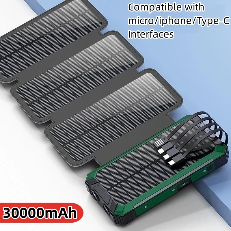

Foldable Solar Power Bank 30000mAh Wireless Charger Powerbank for iPhone 15 14 Samsung Xiaomi Portable Charger Built in Cable