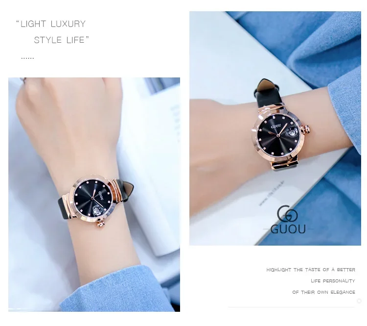 Orologio da polso al quarzo da donna alla moda GUOU con cinturino in vera pelle, diamanti, strass, calendario, lente d'ingrandimento, orologio da donna_voghion.com