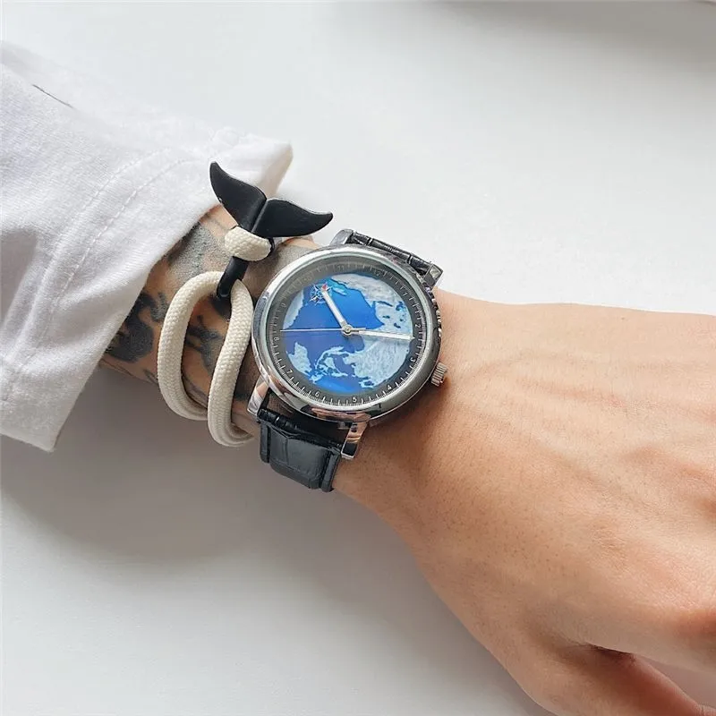 

New Watch for Men and Women Earth Design Blue Dial Fashion Leather Strap Quartz Wristwatches Unisex Watches Relogio Dropshipping