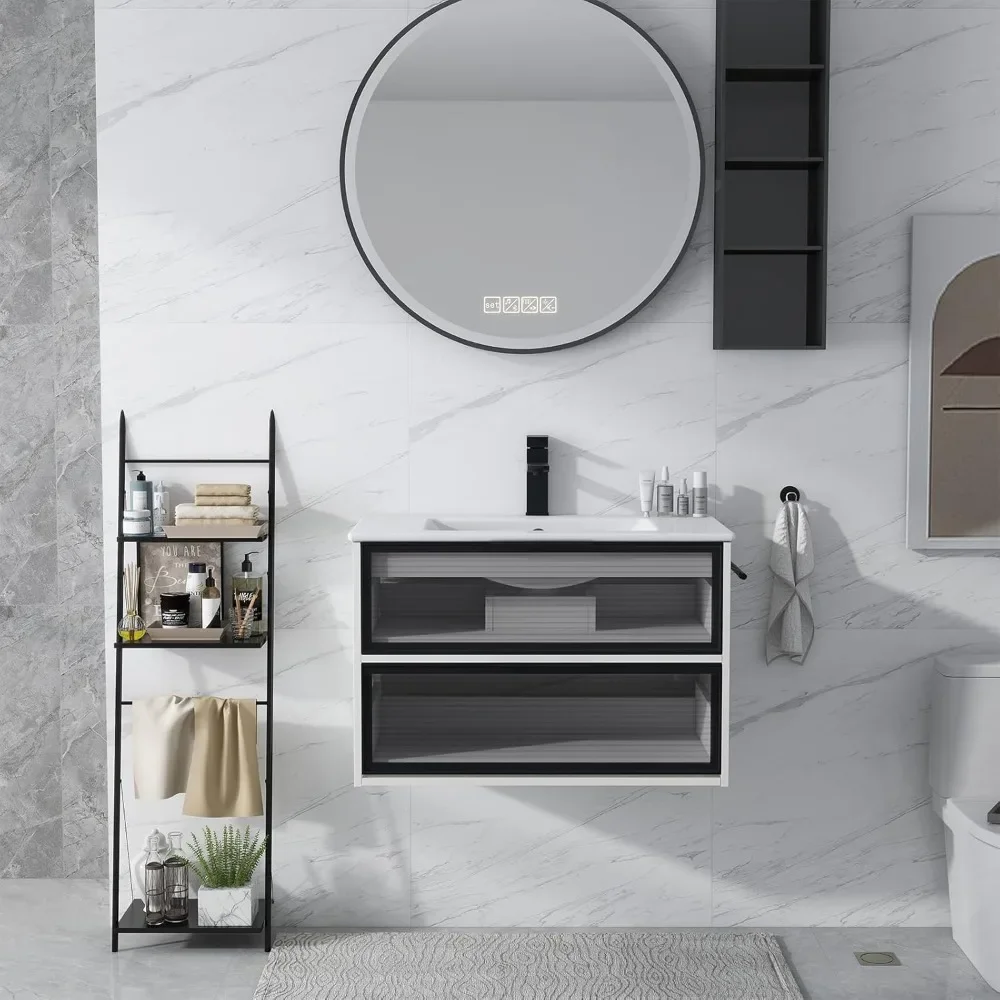 30” Floating Bathroom Vanity with Sink Combo, Modern Wall Mounted Cabient with 2 Glass Doors Drawers Storage 3