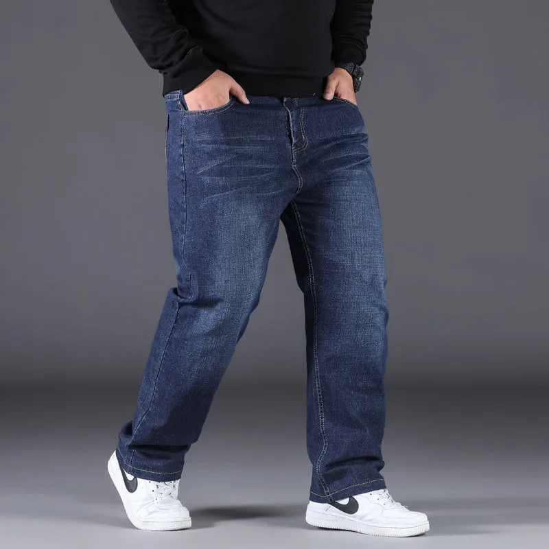 2023 Autumn Winter New Thick Loose Casual Jeans Pants Men Straight Elastic Plus Fat Size Thick Warm High Waist Long Trousers