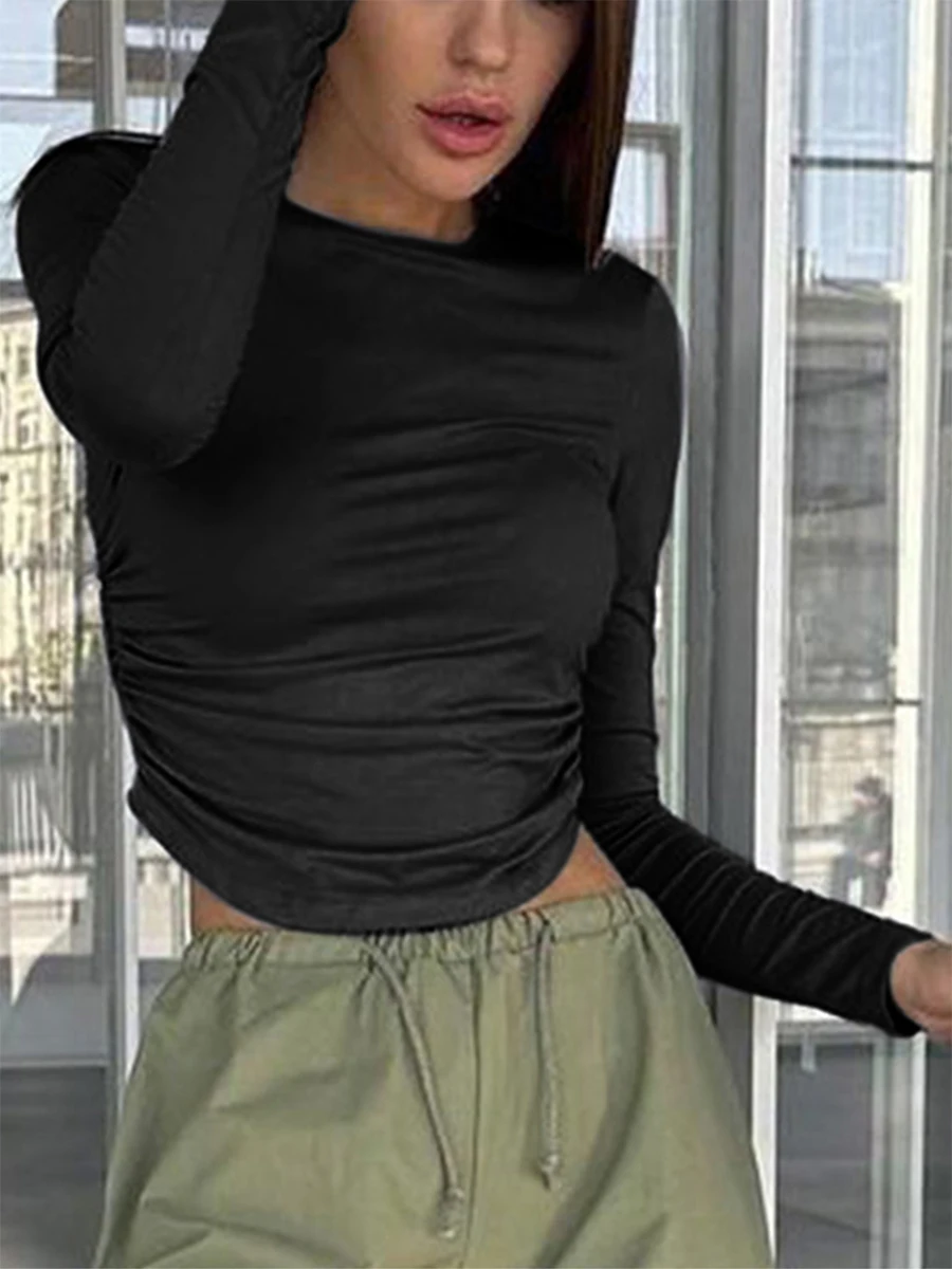 

Женский укороченный топ с рюшами Y2K, Базовая рубашка с длинным рукавом, облегающий пуловер, Клубная уличная одежда, одежда в стиле гранж