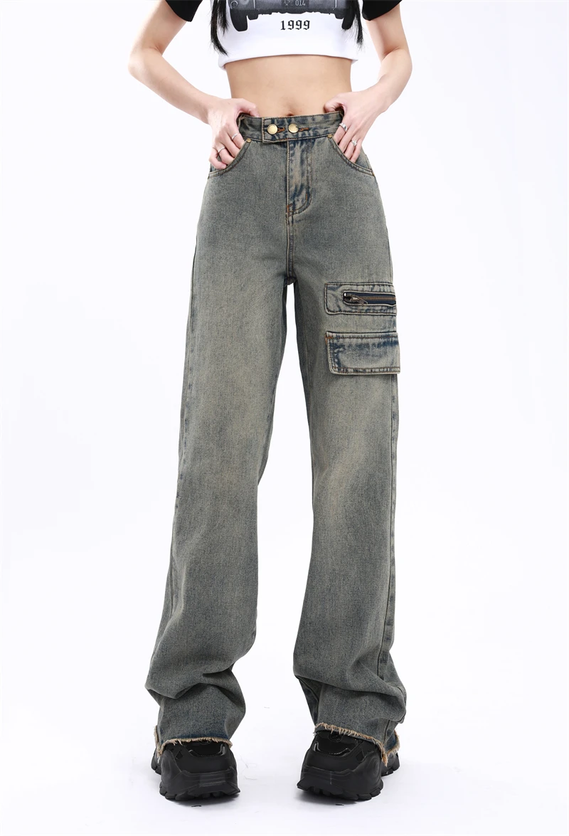 

Women's American Retro Work Jeans Summer New Design Feel Loose Waist Straight Leg Wide Leg Pants Female Denim Trousers