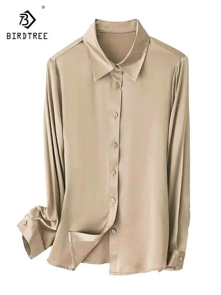 

Birdtree 92%Mulberry Silk 8% Spandex Elegant Shirt Women's Commuting Temperament Solid Long Sleeve Blouse Autumn New T39258QC