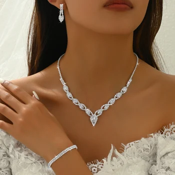 Women's fashionable rhinestone sparkling earrings necklace bracelet ring jewelry set wedding banquet party holiday gift 1