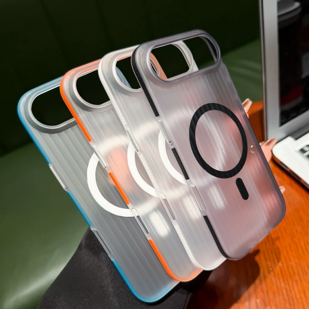 Frosted Transparent Ice Mist Corrugated Stripe Phone Case with Magnetic Cover