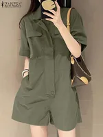 2024 ZANZEA Summer Cargo Jumpsuits Women Fashion Lapel Neck Short Sleeve Rompers Elegant Solid Loose Overalls Casual Playsuits - Image 2