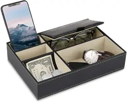 Organizador de escritorio con 5 compartimentos, contenedor de exhibición de joyas, mesita de noche de cuero PU, caja de almacenamiento de tocador