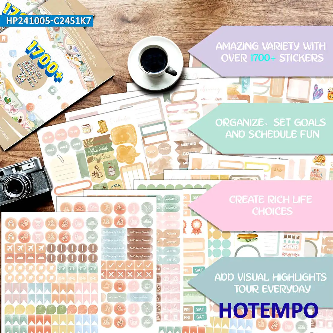 1700 조각, 레트로 수채화 보헤미아 스타일, 연간 계획 스크랩북, 플래너 스티커 북, 전화, 노트북, 문구, 일기, 일, 팀, 일기, 유리에 적합합니다, 노트북 스티커