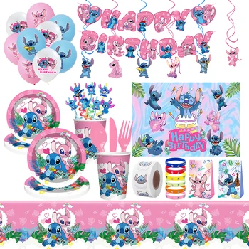 Decoraciones de cumpleaños de Lilo y Stitch, suministros de decoración de fiesta de niña, globos, pancarta de fondo, platos, tazas, mantel