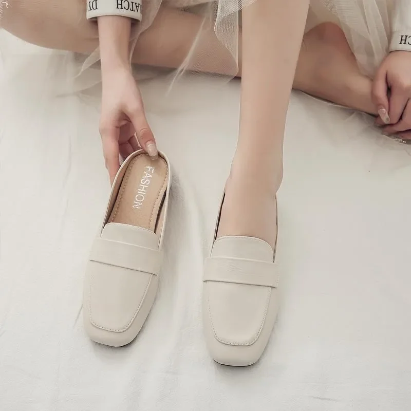 Baotou Half Slippers Women New Fashion Flat Soft Leather Slip-on Lazy Soft Sole Flat Shoes Zapatos Mujer Women Shoes
