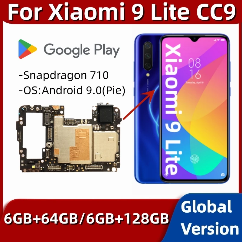 Motherboard for Xiaomi Mi 9 Lite CC9, Logic Board, Unlocked Mainboard, 64GB, 128GB, Global ROM, Google Playstore Installed