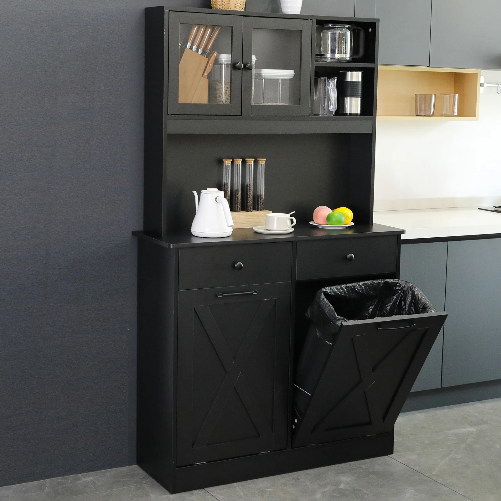 Dual Tilt Out Trash&Storage Cabinet, Kitchen Sideboard Cupboard 10X2 Gal Hidden Garbage Holder Freestand Laundry Sort Cabinet