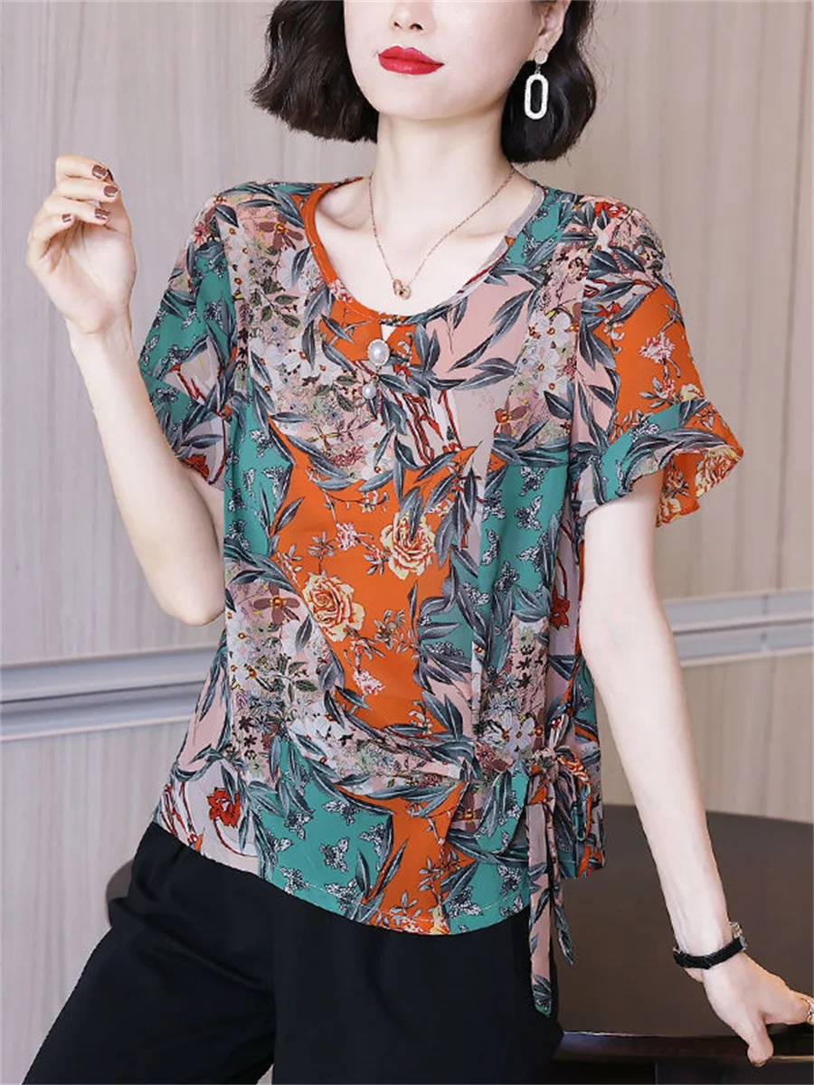 4XL Women Spring Summer Blouses Shirts Lady Fashion Casual Short Sleeve O-Neck Collar Retro Printing Button Blusas T