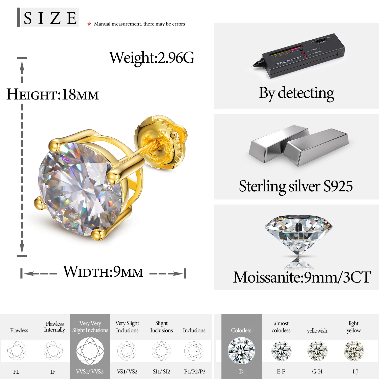 9mm 3CT Moissanite Stud Earrings For Women Men Fine Jewlery 925 Sterling Silver Shining Wedding Engagement Ear Jewelry Girl Gift