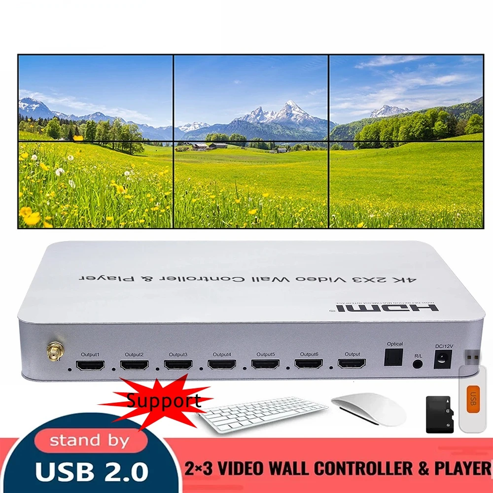 

4K 2x3 TV Wall Splicer 2x2 Multi Screen Splicing Processor HDMI Video Wall Controller Fit KVM USB Player Mouse Keyboard RS232